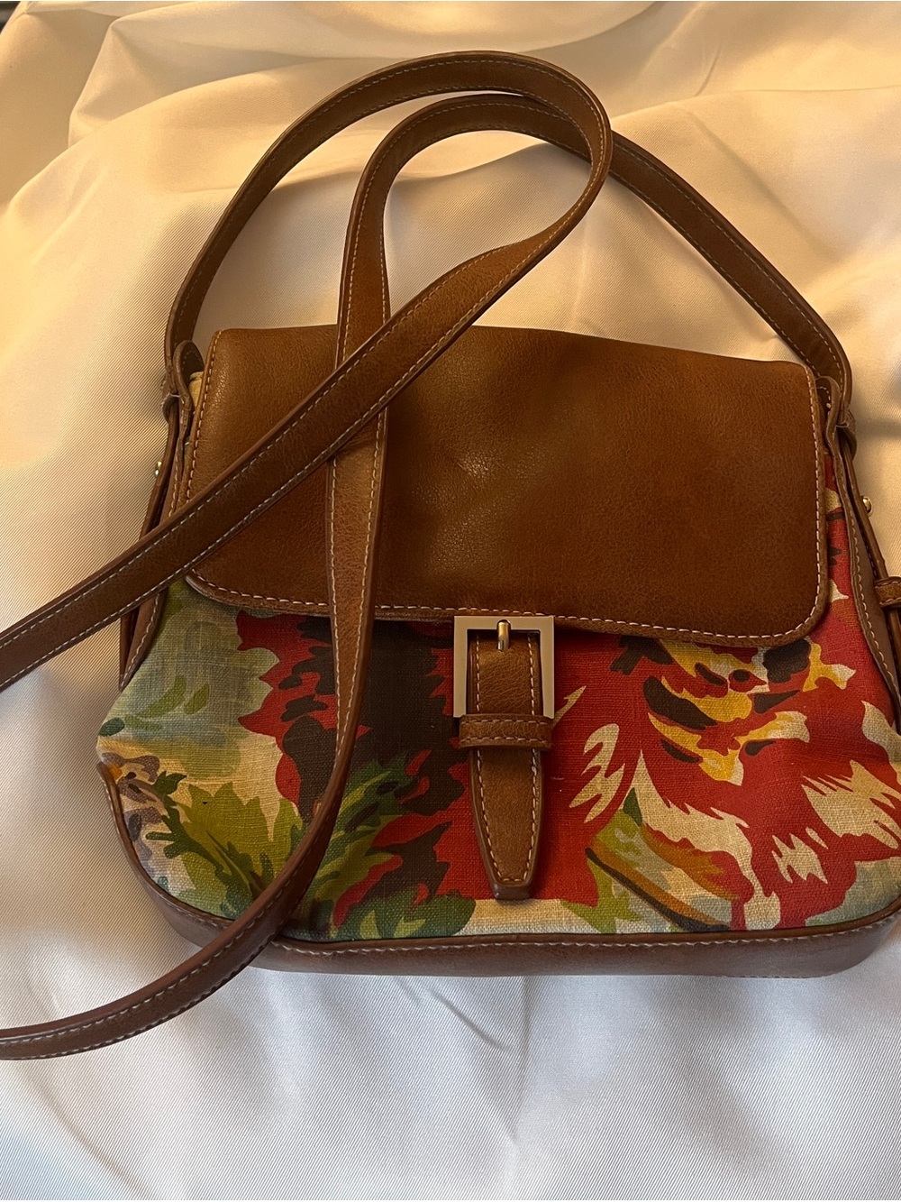 Liz Claiborne Brown Leather-Trim Multicolor Floral Crossbody
